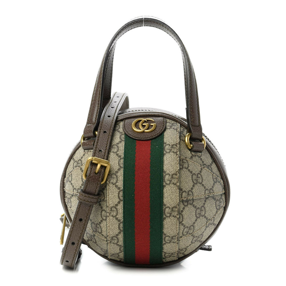 Gucci Small Basketball Red Brown Stripe Round Canvas Leather Handbag Bag NEW